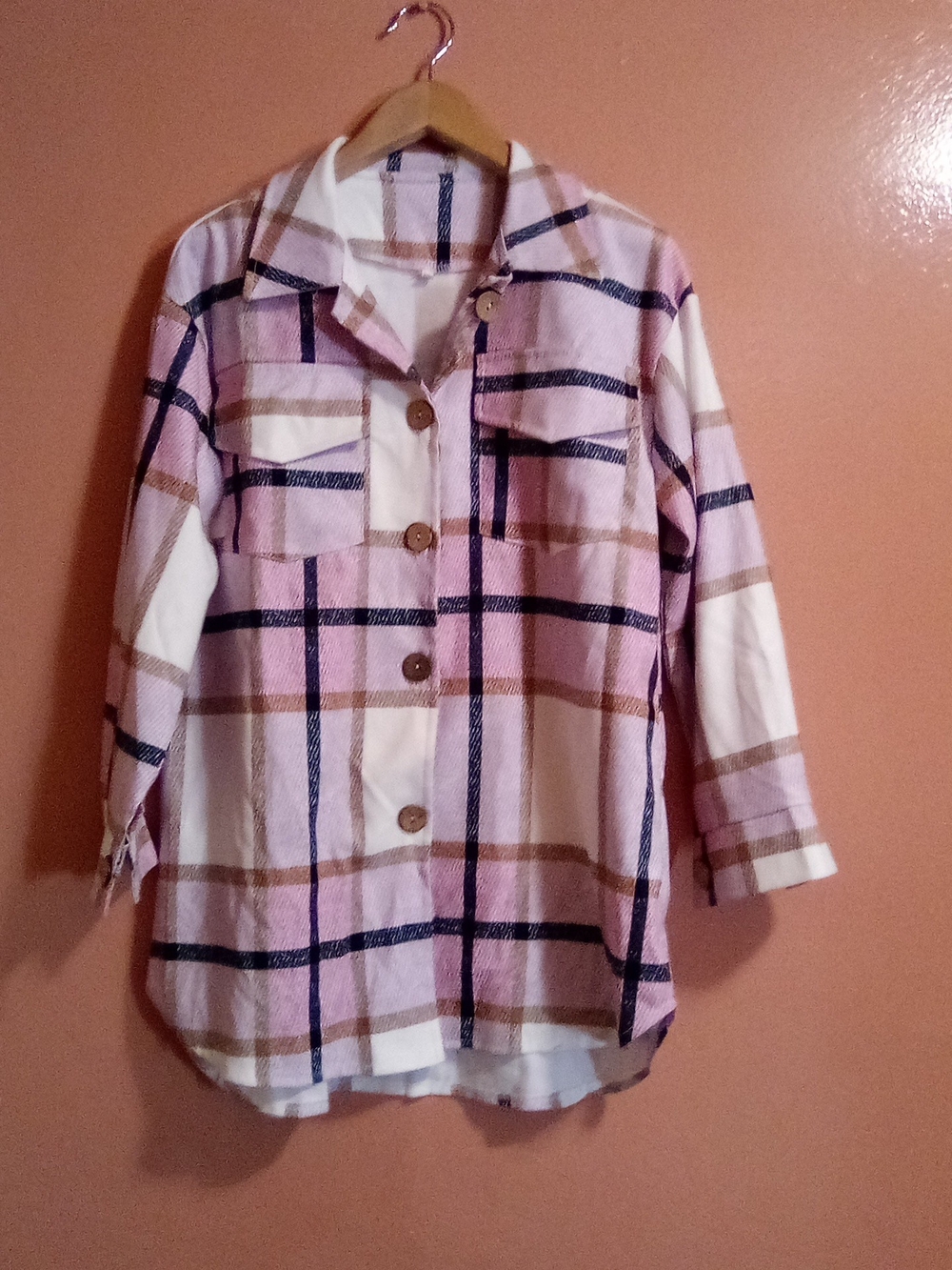 Women Pink Plaid Button-Up Shirt Jacket ( Bag H )